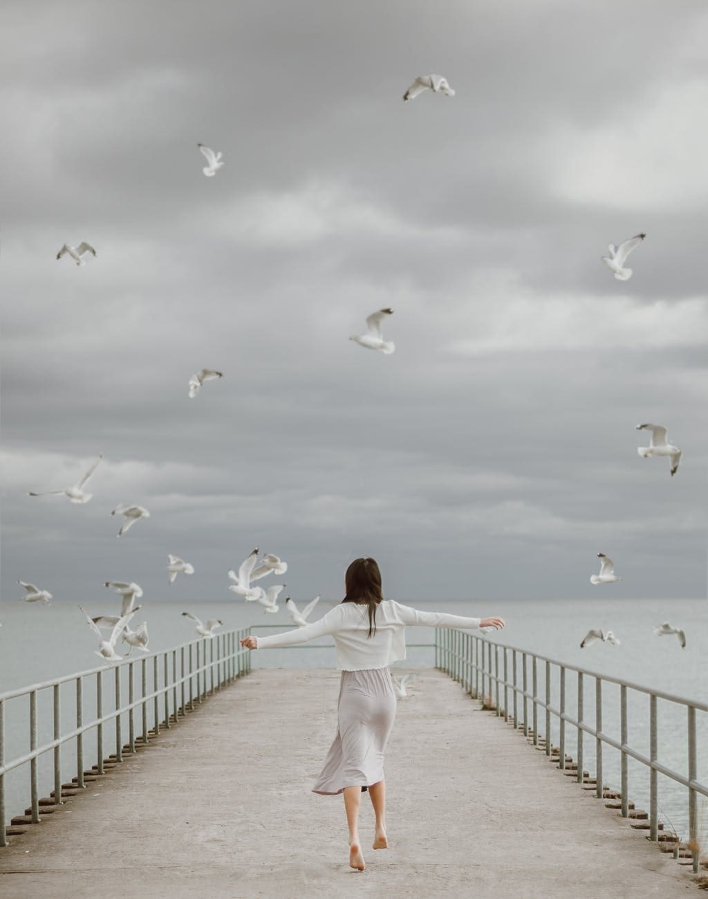 seagulls flying over a woman walking on a dock